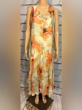 Gorgeous Vera Wang Flowy Floral Drop Waist Sheer Lined Dress Sz PL